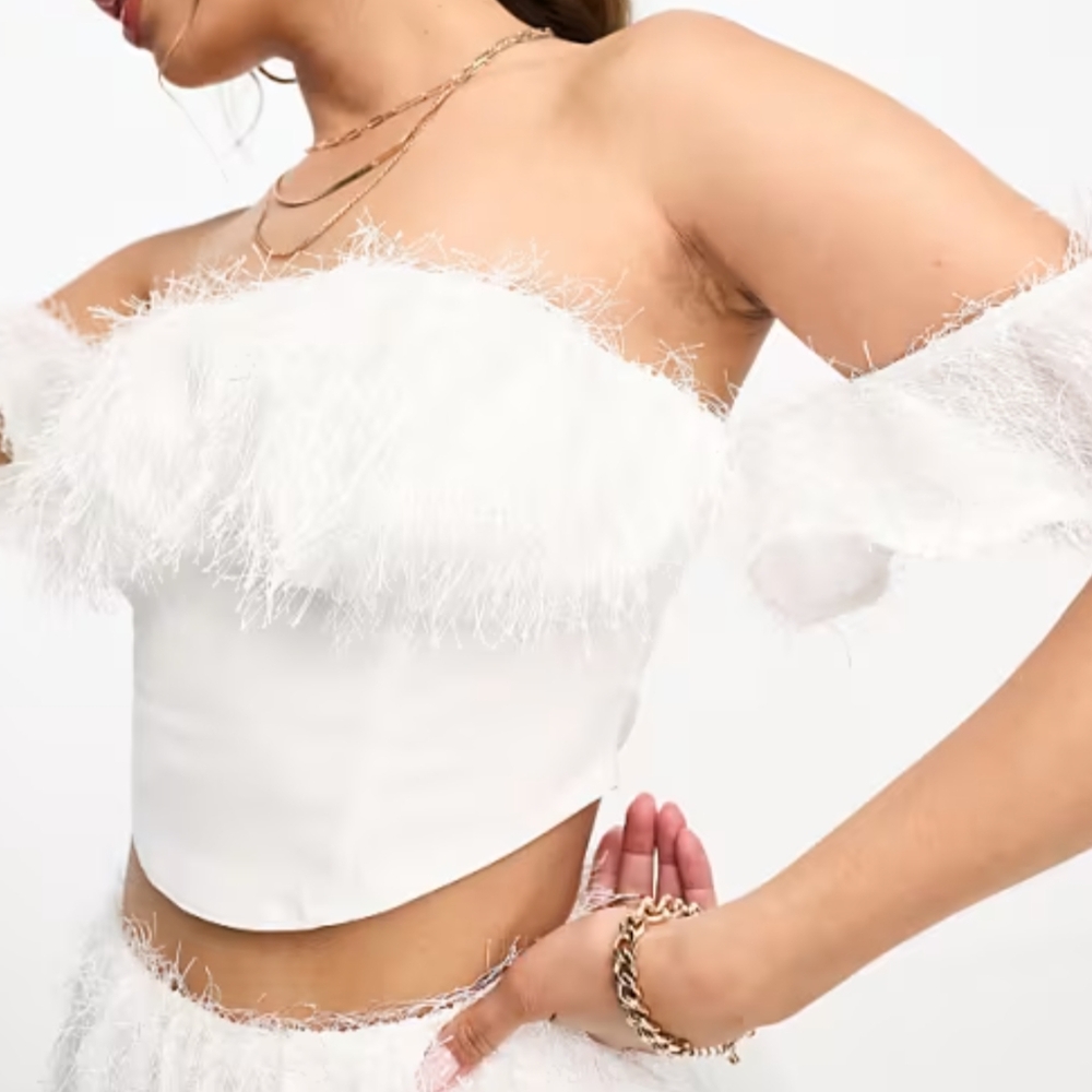 NWT SET ASOS Design Feather Trim Corset Crop Top & Diamante Mesh Flare Pant 6 US - Picture 4 of 11